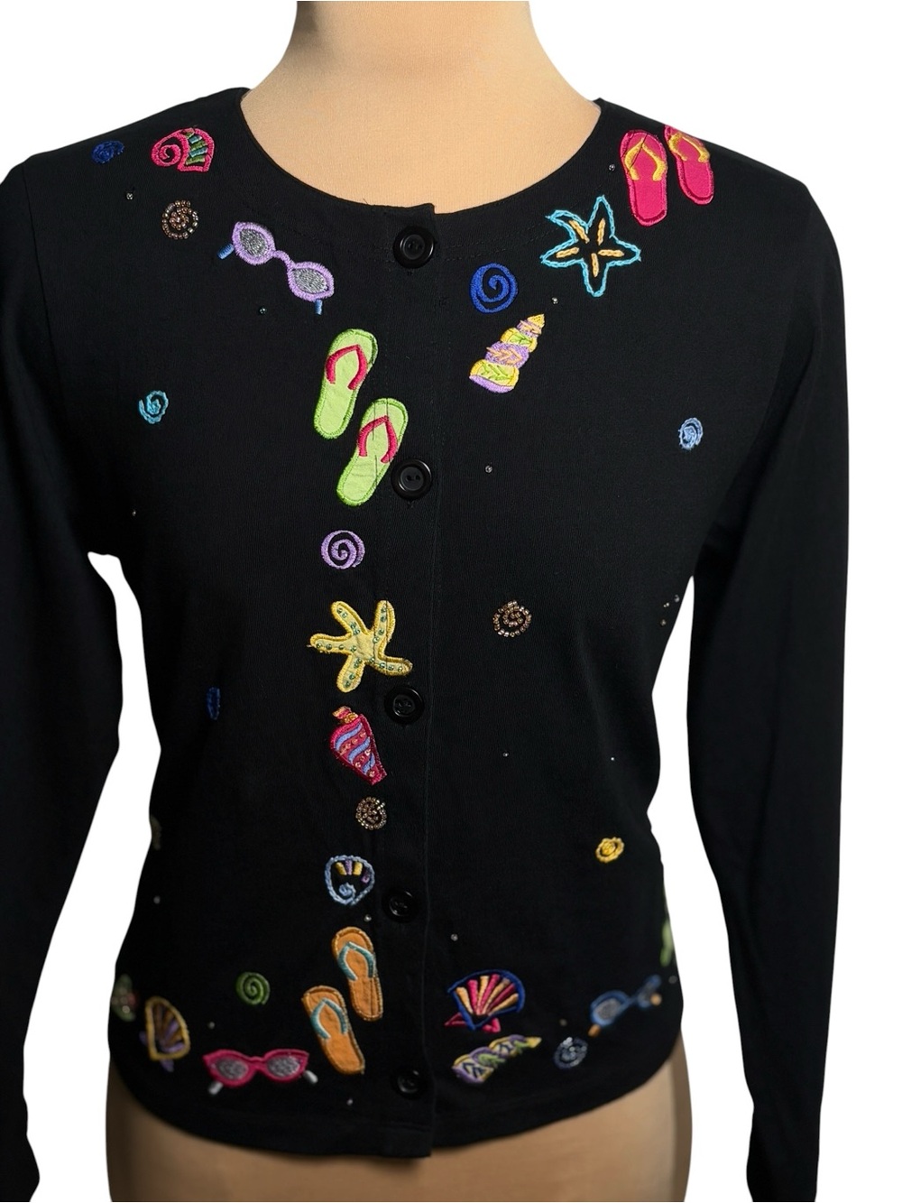 Michael Simon Lite Beach Theme Embroidered Cardigan Seashell Coastal Sweater Sm
